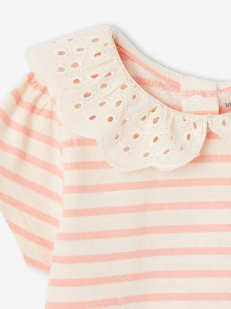 Striped T-Shirt with Collar in Broderie Anglaise for Baby Girls rose 