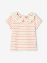 -Striped T-Shirt with Collar in Broderie Anglaise for Baby Girls