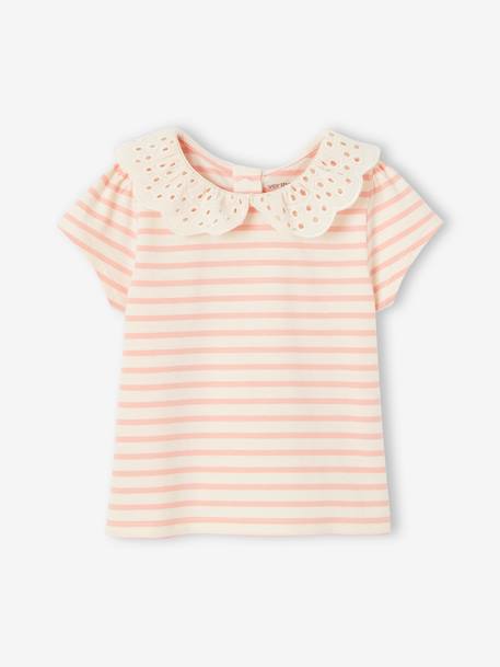 Striped T-Shirt with Collar in Broderie Anglaise for Baby Girls rose 