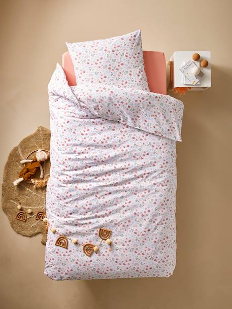 Essentials Duvet Cover + Pillowcase Set, Rainbow Flowers printed white 