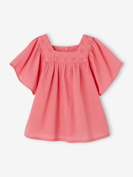 Blouse with Square Neckline, in Broderie Anglaise, for Babies ecru+raspberry pink+sage green 