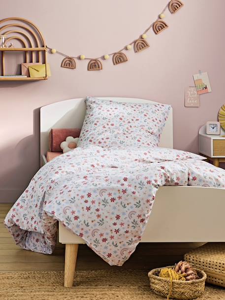 Essentials Duvet Cover + Pillowcase Set, Rainbow Flowers printed white 