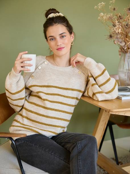Nautical Style Jumper with Shoulder Openings for Maternity & Nursing marl beige+navy blue 