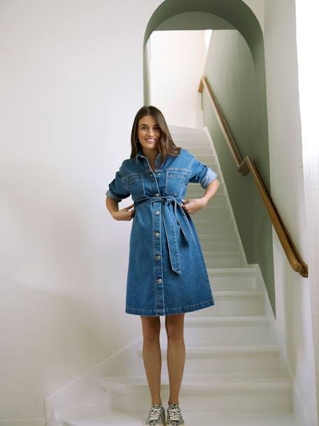 Denim maternity and breastfeeding shirt dress stone 