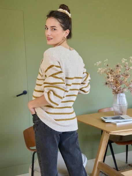 Nautical Style Jumper with Shoulder Openings for Maternity & Nursing marl beige+navy blue 