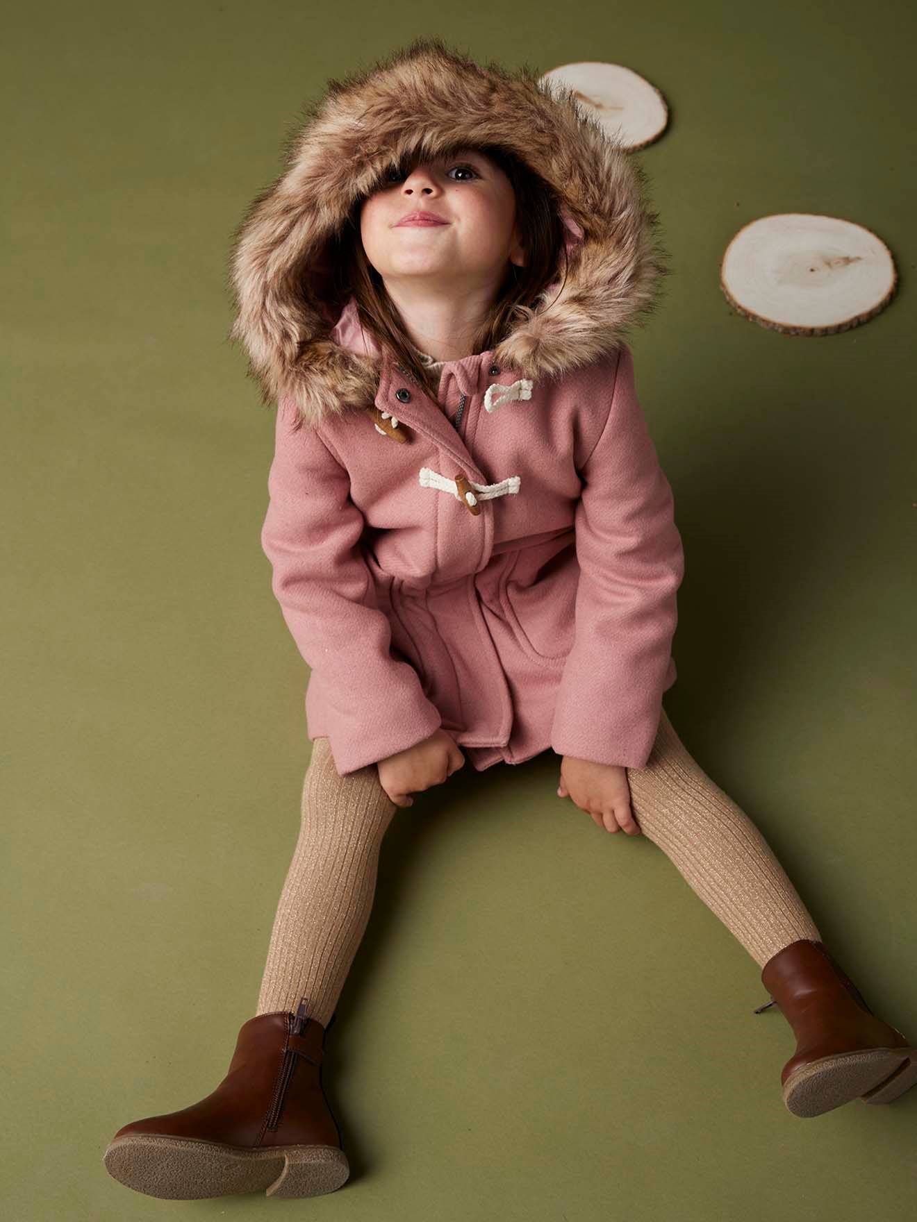 Hooded Duffel Coat with Toggles, in Woollen Fabric, for Girls