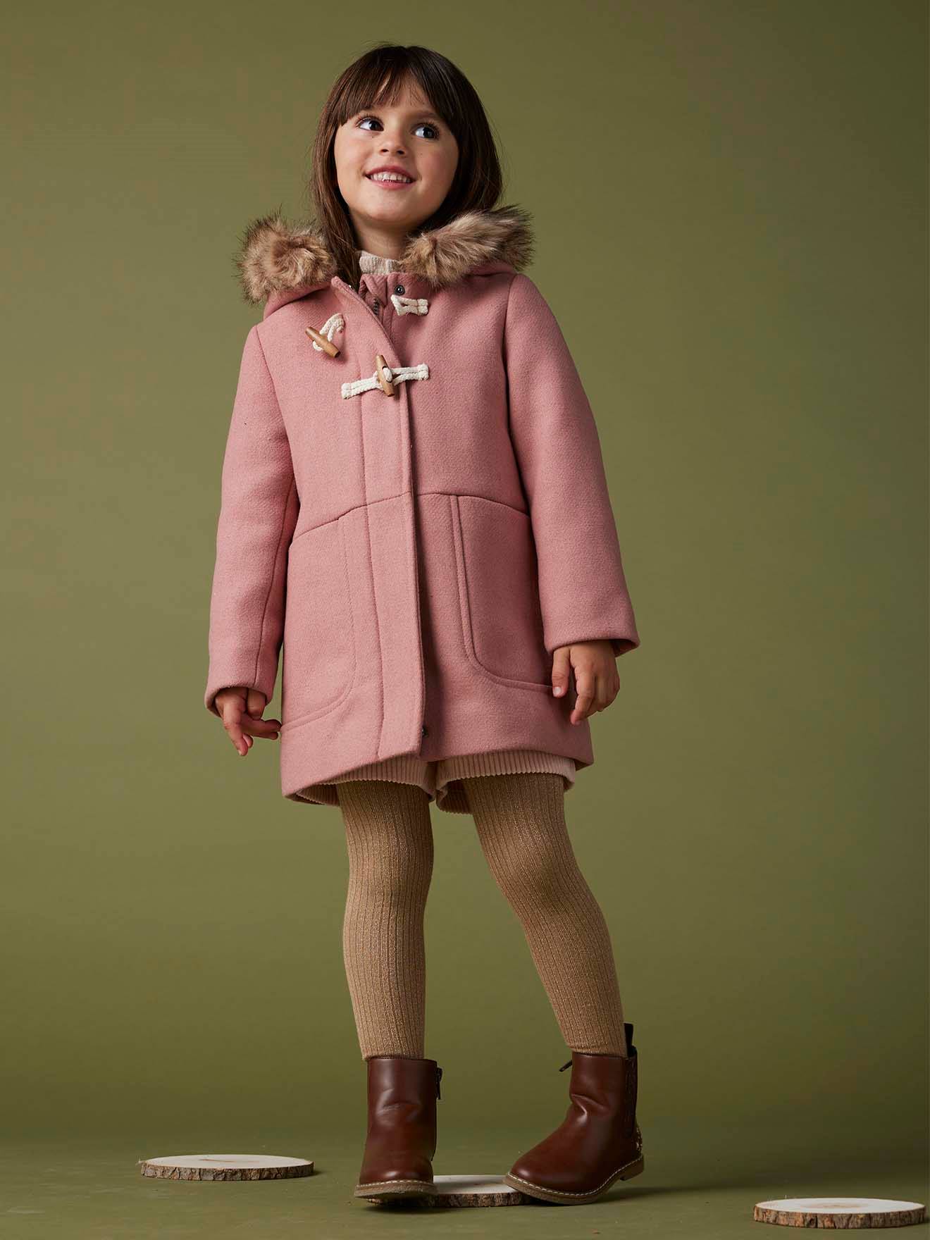 milk shaggy Duffle Coat ピンク Hooded Duffel Coat with Toggles, in Woollen Fabric, for Girls