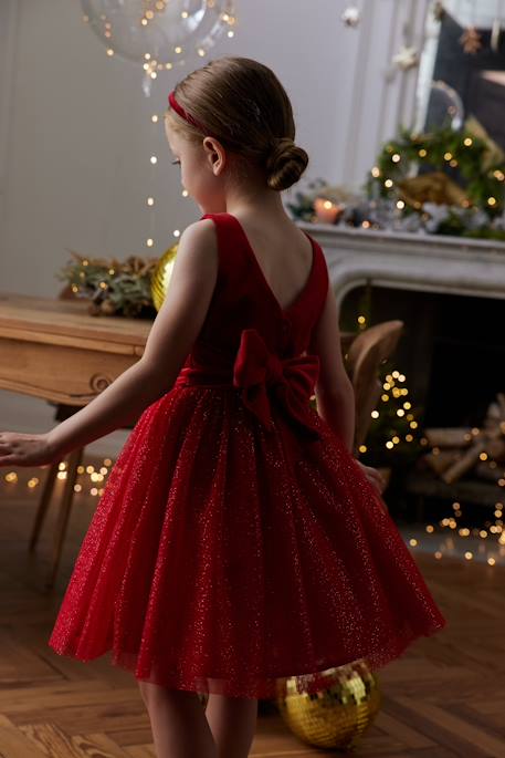 Christmas Special Dress in Velour & Sparkling Tulle for Girls emerald green+red 