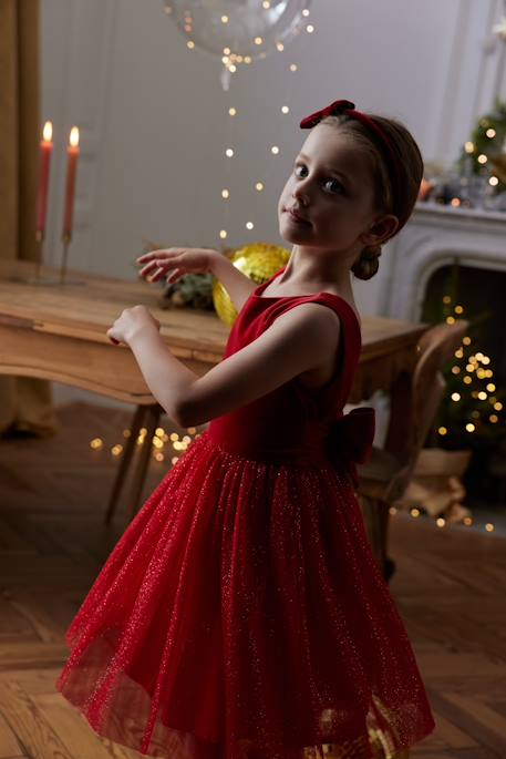 Christmas Special Dress in Velour & Sparkling Tulle for Girls emerald green+red 
