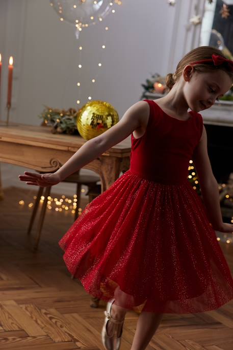 Christmas Special Dress in Velour & Sparkling Tulle for Girls emerald green+red 