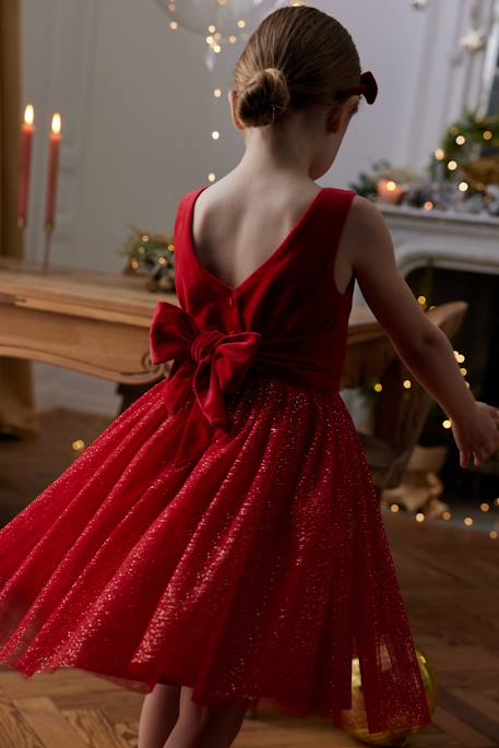 Christmas Special Dress in Velour & Sparkling Tulle for Girls emerald green+red 