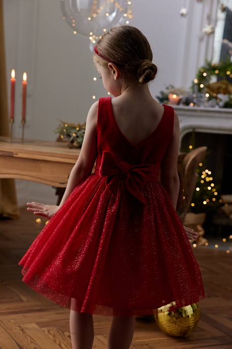 Christmas Special Dress in Velour & Sparkling Tulle for Girls emerald green+red 