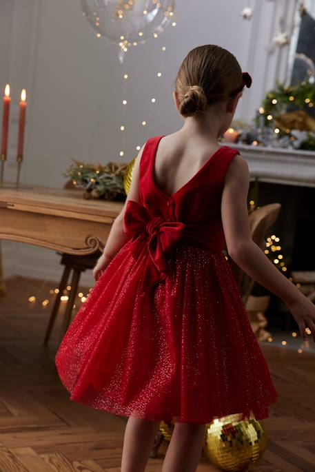 Christmas Special Dress in Velour & Sparkling Tulle for Girls emerald green+red 