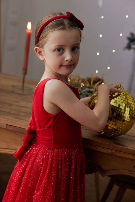 Christmas Special Dress in Velour & Sparkling Tulle for Girls emerald green+red 