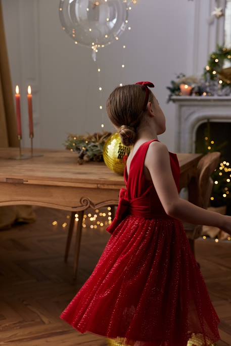 Christmas Special Dress in Velour & Sparkling Tulle for Girls emerald green+red 