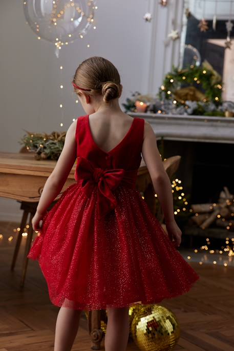 Christmas Special Dress in Velour & Sparkling Tulle for Girls emerald green+red 