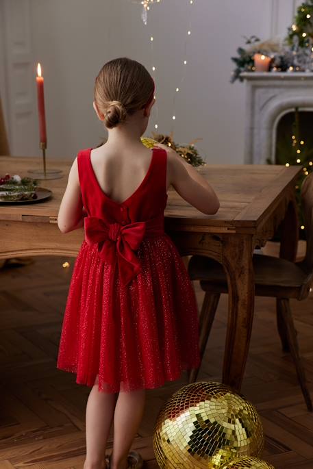 Christmas Special Dress in Velour & Sparkling Tulle for Girls emerald green+red 