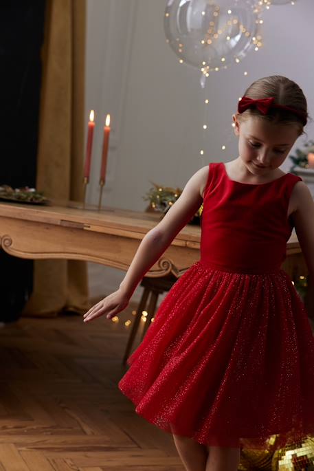 Christmas Special Dress in Velour & Sparkling Tulle for Girls emerald green+red 