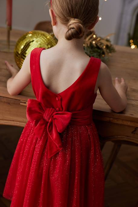 Christmas Special Dress in Velour & Sparkling Tulle for Girls emerald green+red 