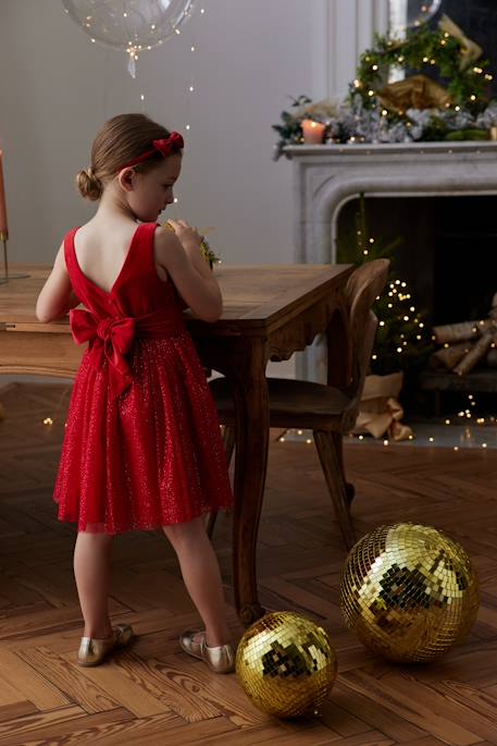 Christmas Special Dress in Velour & Sparkling Tulle for Girls emerald green+red 