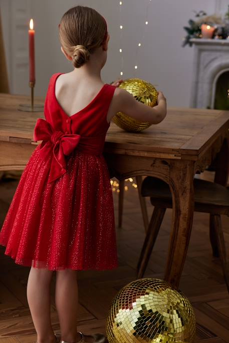 Christmas Special Dress in Velour & Sparkling Tulle for Girls emerald green+red 