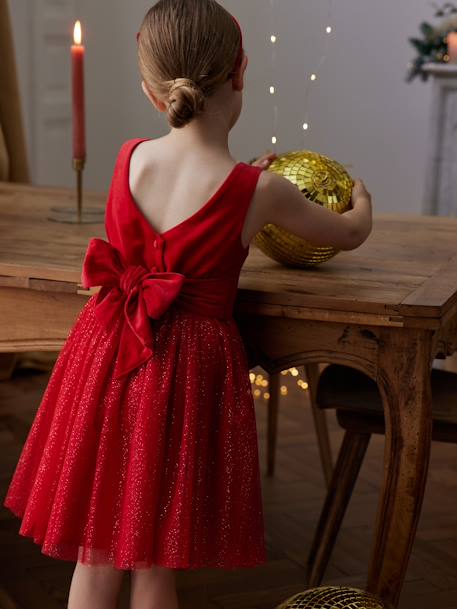 Christmas Special Dress in Velour & Sparkling Tulle for Girls emerald green+red 
