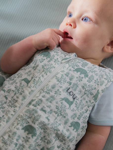 Sleeveless Baby Sleeping Bag with Middle Opening, In the Woods old rose+printed green 