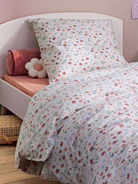 Essentials Duvet Cover + Pillowcase Set, Rainbow Flowers printed white 