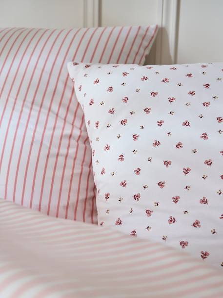 Reversible Duvet Cover + Pillowcase Essentials Set in Recycled Cotton, Flowers & Stripes printed pink 