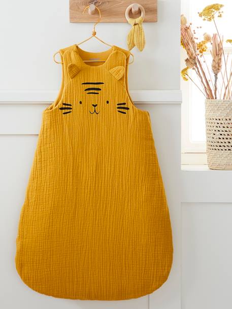 Sleeveless Baby Sleep Bag in Organic* Cotton Gauze, BABY TIGER Theme Yellow/Print 