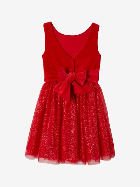 Christmas Special Dress in Velour & Sparkling Tulle for Girls emerald green+red 