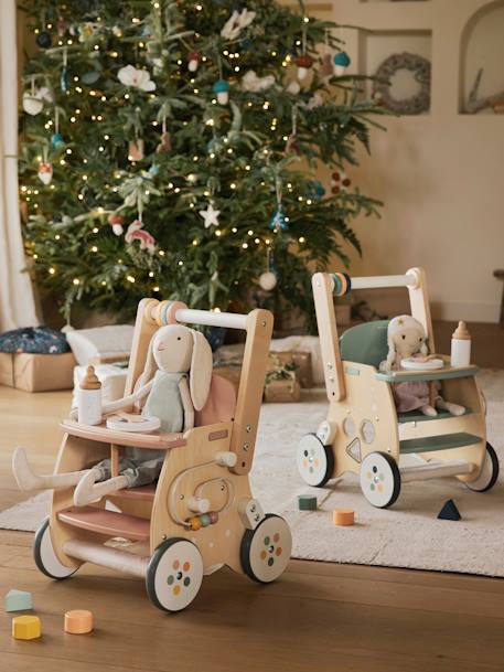 Walker with Seat for Doll, in FSC®100% Wood green+pink 