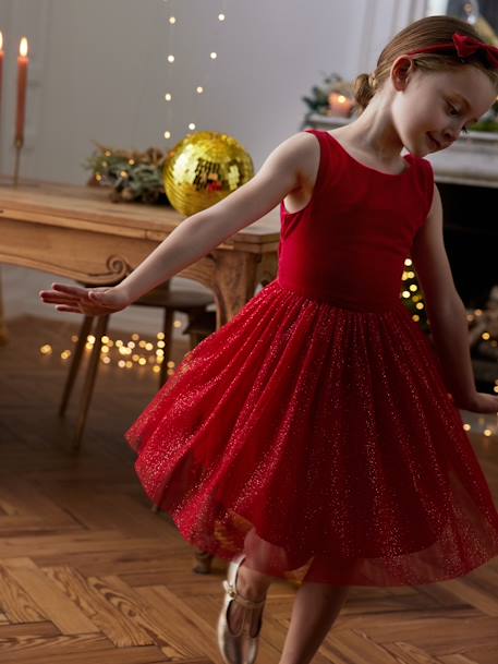 Christmas Special Dress in Velour & Sparkling Tulle for Girls emerald green+red 