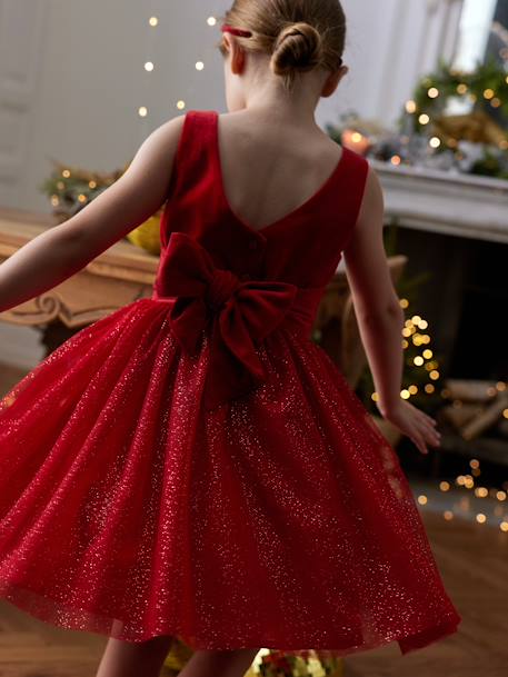 Christmas Special Dress in Velour & Sparkling Tulle for Girls emerald green+red 