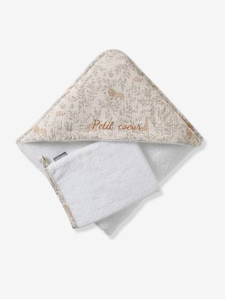 BABYLON hooded towel with cotton gauze + mitt printed beige 