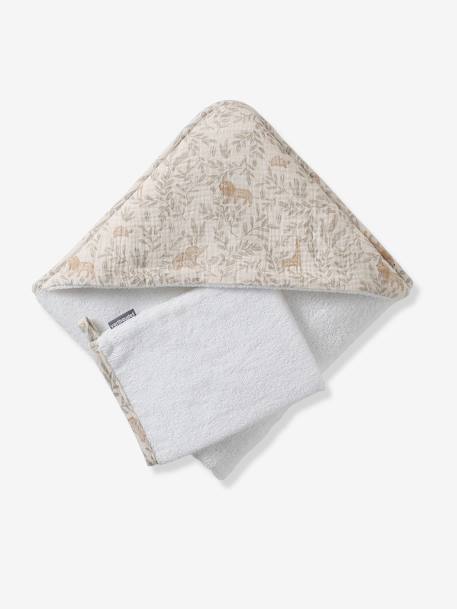 BABYLON hooded towel with cotton gauze + mitt printed beige 