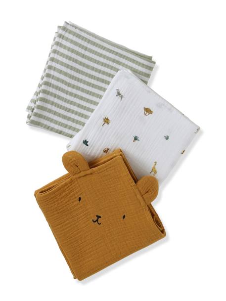 Pack of 3 Cotton Gauze Muslin Squares, SAVANA multicoloured 