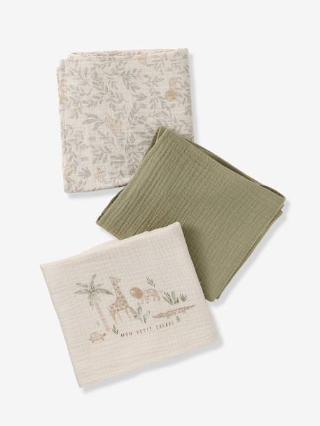 Pack of 3 cotton muslin squares BABYLON printed beige 