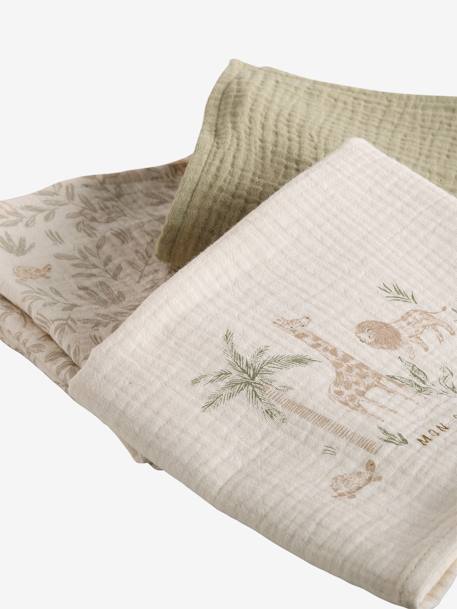 Pack of 3 cotton muslin squares BABYLON printed beige 