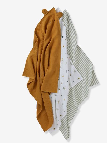 Pack of 3 Cotton Gauze Muslin Squares, SAVANA multicoloured 