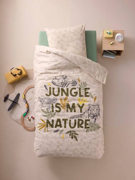 Duvet Cover + Pillowcase Set for Children, with Recycled Cotton Content, Green Jungle printed green 