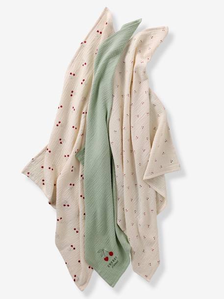 Pack of 3 CHERRY muslin squares printed beige 