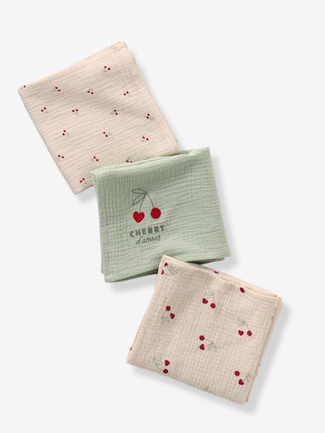 Pack of 3 CHERRY muslin squares printed beige 