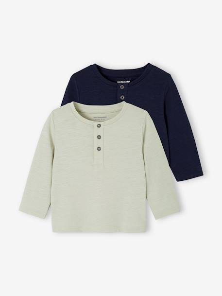 Pack of 2 Long-Sleeved Grandad-Style T-Shirts for Babies, Basics grey green 