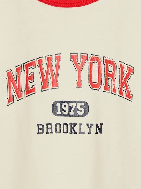 Girls' cropped college-style T-shirt ecru+ink blue 