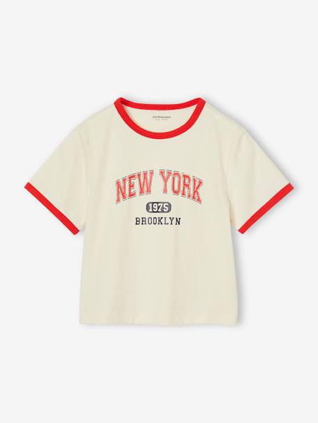 Girls' cropped college-style T-shirt ecru+ink blue 
