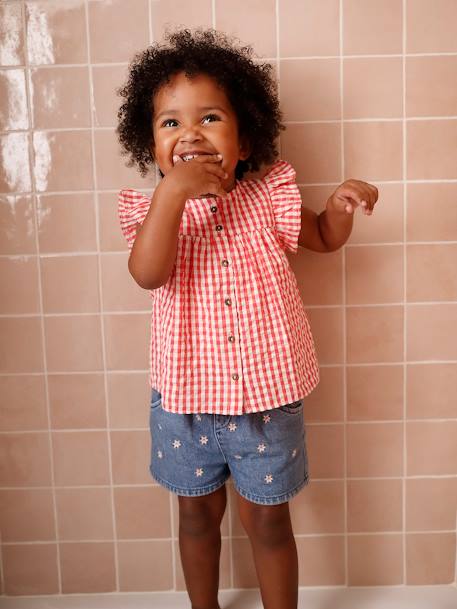 Short Sleeve Gingham Blouse with Frill in Seersucker for Babies chequered red 