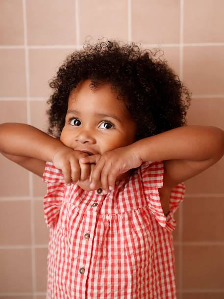 Short Sleeve Gingham Blouse with Frill in Seersucker for Babies chequered red 