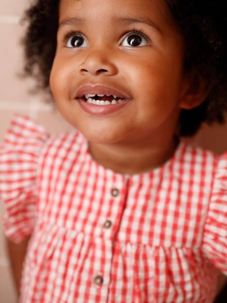 Short Sleeve Gingham Blouse with Frill in Seersucker for Babies chequered red 