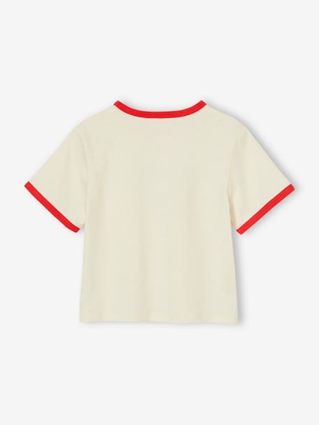 Girls' cropped college-style T-shirt ecru+ink blue 